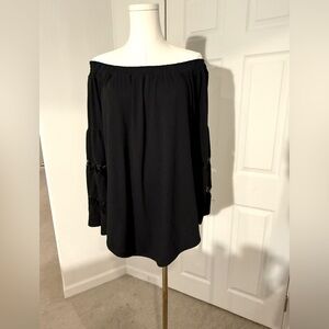 Off-the-Shoulder Black Bell Sleeve Top with Lace Insets – Size L (NWT)